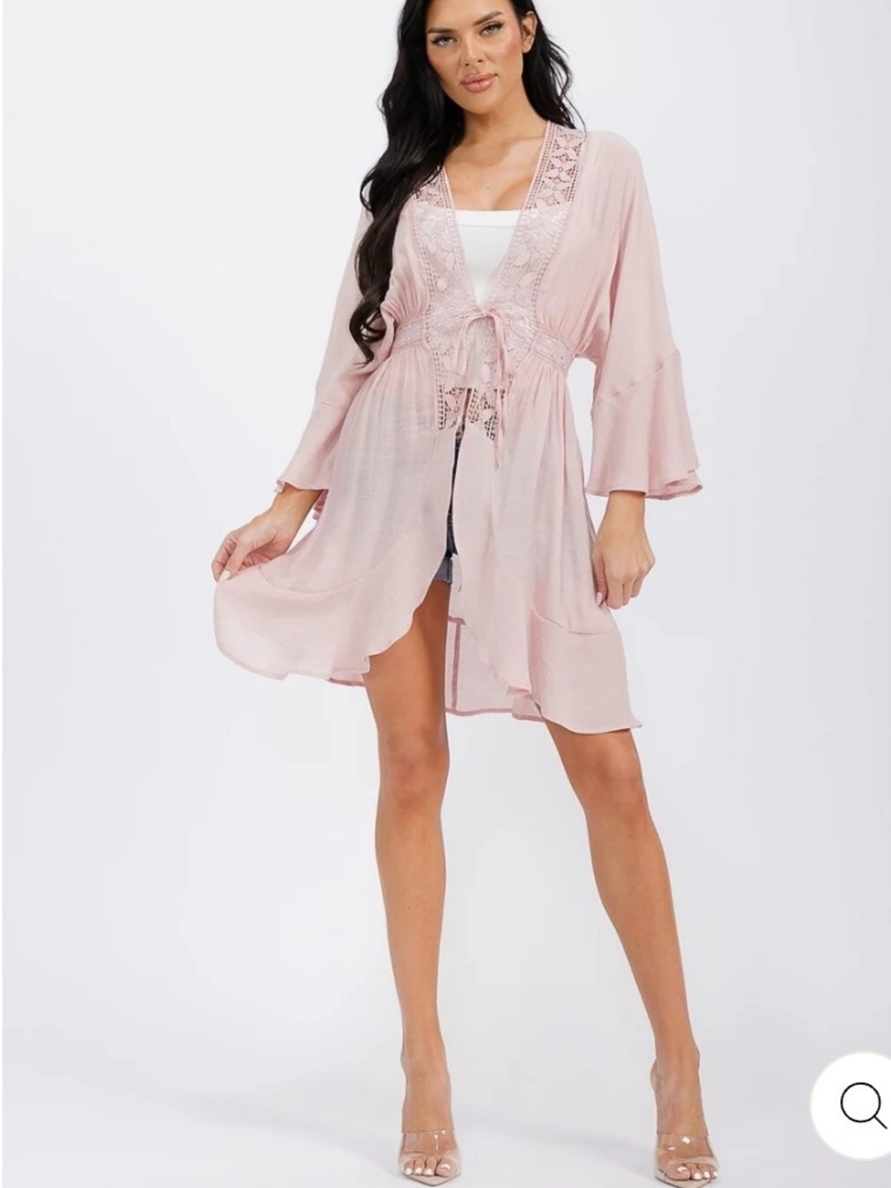 Light Pink Lace-Trim Open Cardigan Kimono